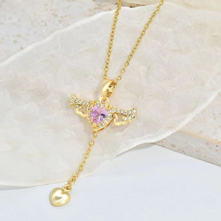 Moving Cupid Heart Angel Wings Tassel Necklace With Crystal Clavicle Chain Women Jewelry Gift Valentine's Day 0abkse-a8