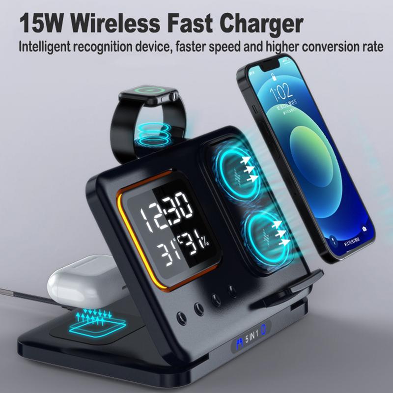 15W Wireless Chargers Stand 5 In1 LED Digital Alarm Clock Fast Charging Dock Station 0abkse-a8