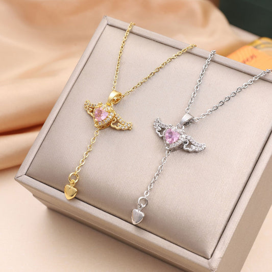 Moving Cupid Heart Angel Wings Tassel Necklace With Crystal Clavicle Chain Women Jewelry Gift Valentine's Day 0abkse-a8