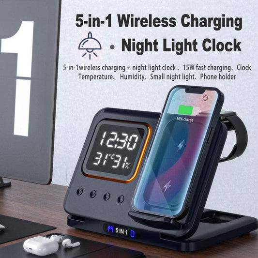 15W Wireless Chargers Stand 5 In1 LED Digital Alarm Clock Fast Charging Dock Station 0abkse-a8