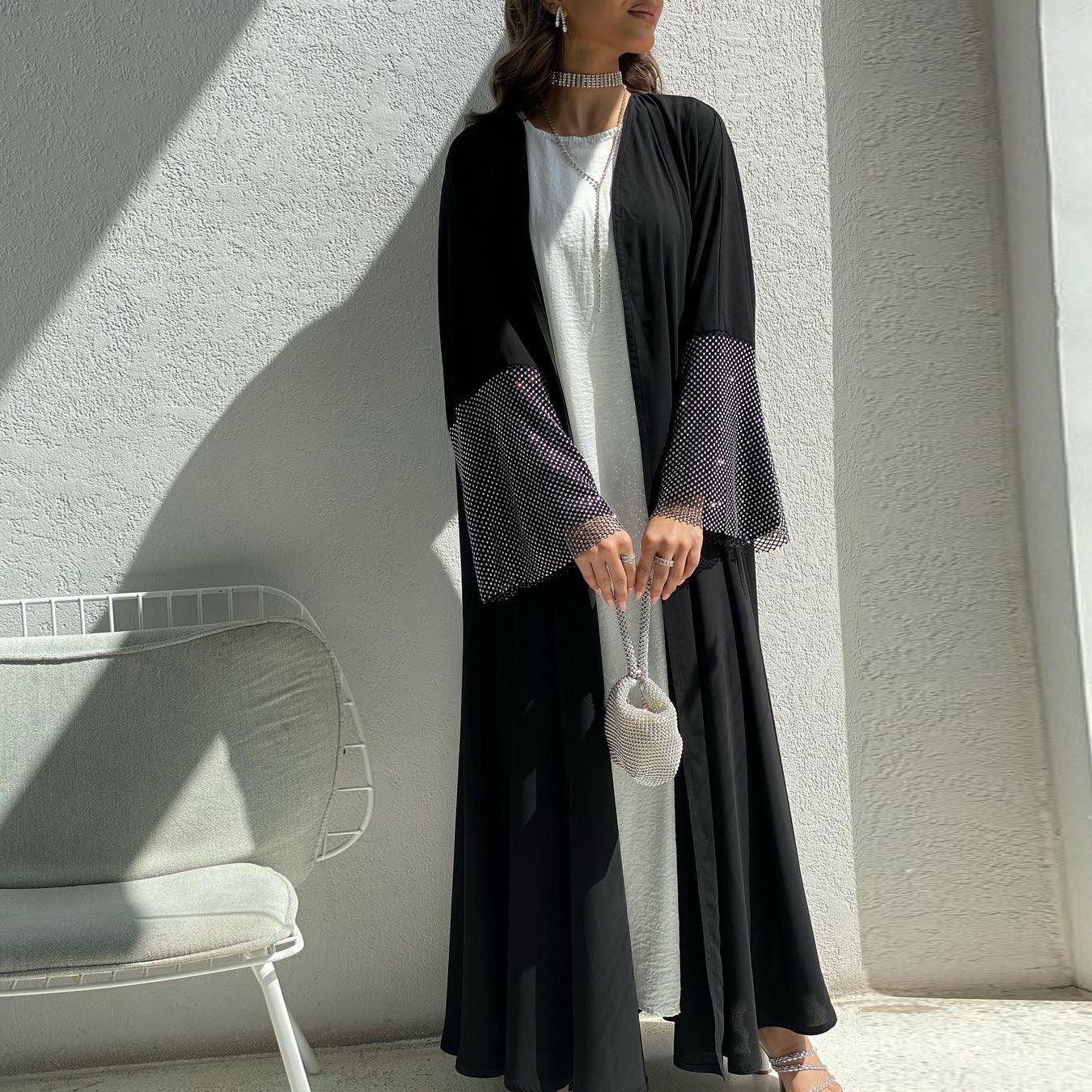 MQ085 Cardigan Abaya Muslim Cross-border Stretch Diamond Mesh Robe